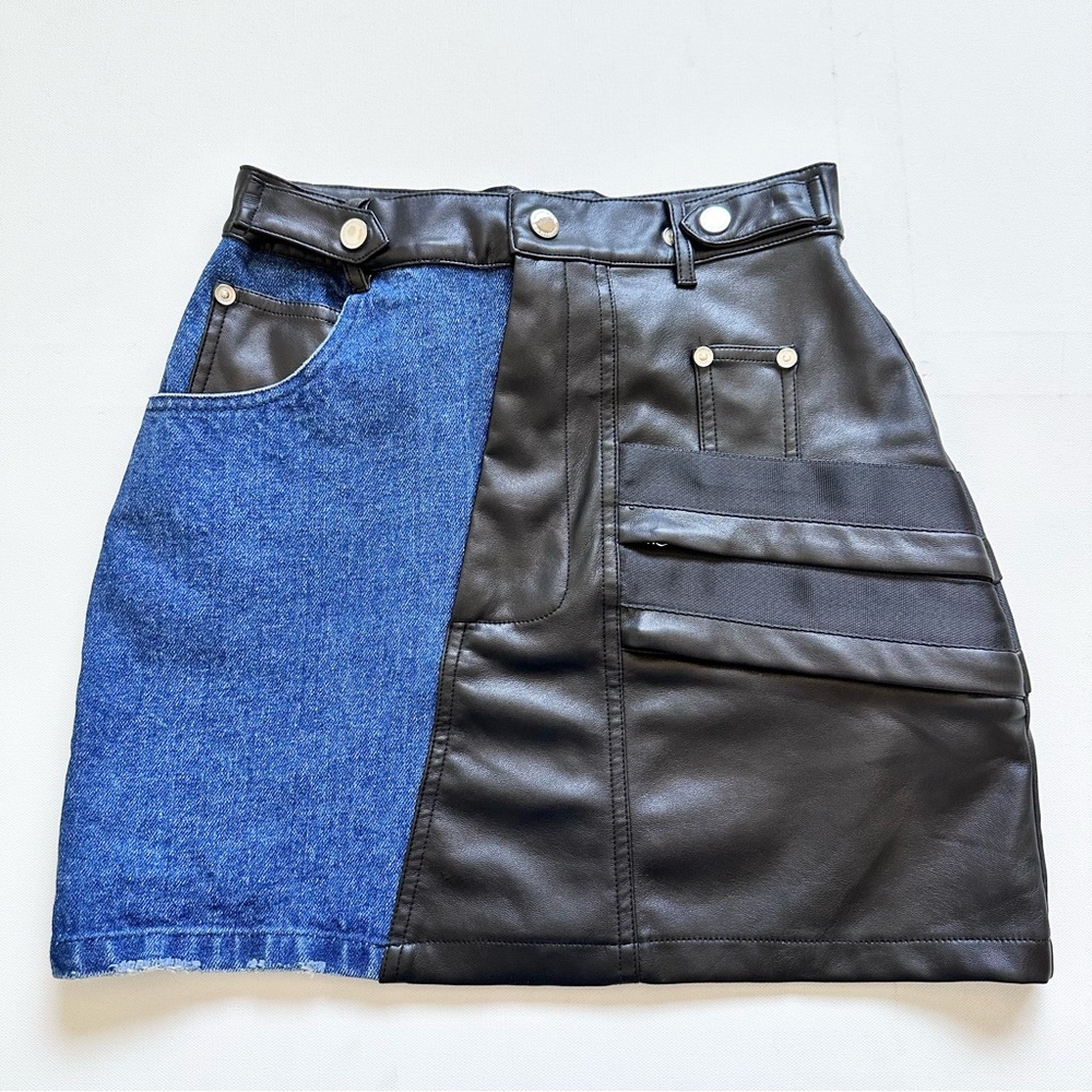 Maniere de Voir Denim Vegan Leather Mini Skirt